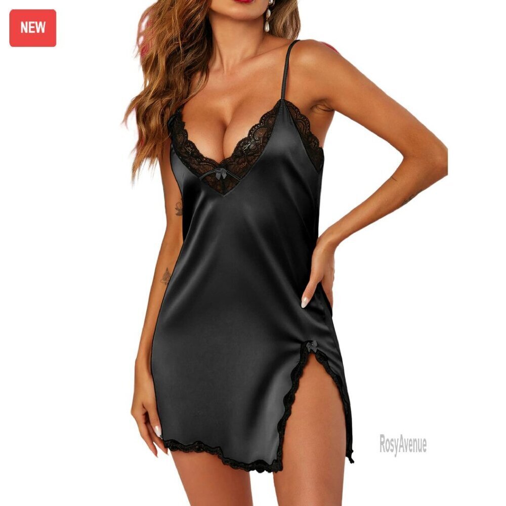 Silk Satin Nightgown V-Neck Lace Adjustable Straps Sleepwear XS-XXXL